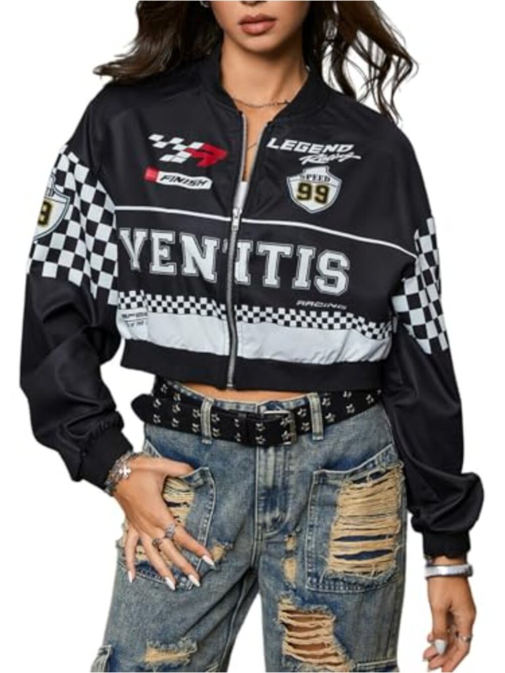Cropped Motorcycle Jacket Plaid Colorblock Zip Up Lightweight Streetwear
